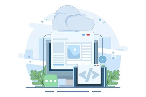 Cloud based web hosting concept, Website hosted on cloud server. Stock Illustration