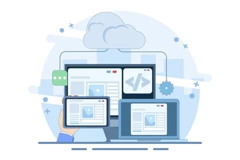 Cloud based web hosting concept, Website hosted on cloud server. Stock Illustration