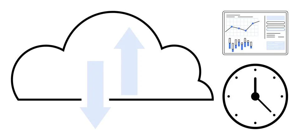 Cloud with bidirectional arrows representing data transfer, analytical dashbo Stock Illustration