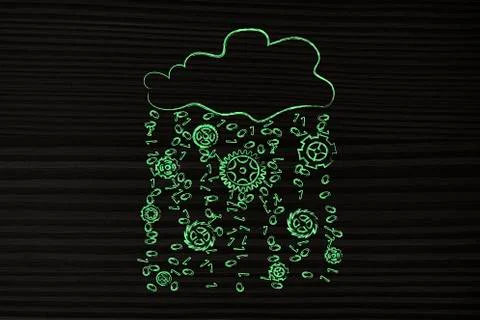 Cloud with binary code and gearwheels rain Stock Illustration