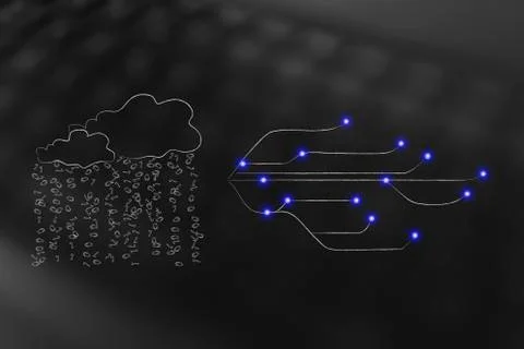 Cloud with binary code rain next to internet connection lines and nodes Illustrazione stock