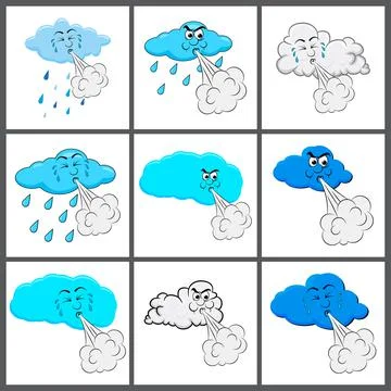 Cloud blowing wind set. Cartoon character. Vector illustration. Stock Illustration