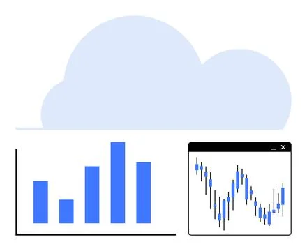 Cloud with blue bar graph and stock market chart. Ideal for data analysis, cl Stock Illustration