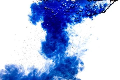 A cloud of blue paint released into clear water. Isolate on a white backgroun Stock Photos