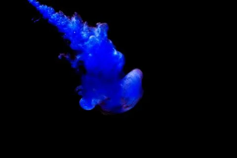 A cloud of blue paint released into clear water. Isolate on a black backgroun Stock Photos