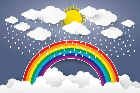 Cloud in Blue sky with Rain and Rainbow Paper art Style.vector Illusatration Illustrazione stock