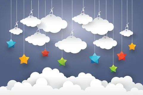 Cloud in Blue sky with Star Paper art Style.vector Illusatration Stock Illustration
