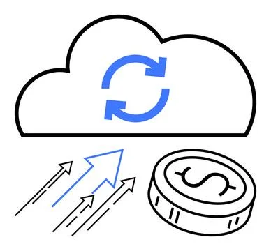 Cloud with blue sync arrows and coin surrounded by multiple arrows pointing u Stock Illustration