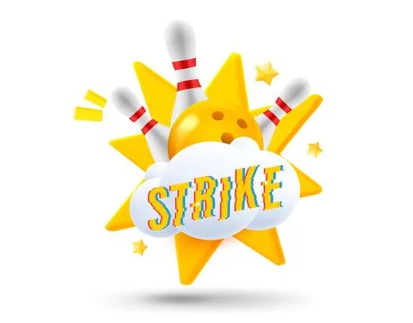 Cloud with bowling skittles and explosion effect. 3d vector illustration. S.. Illustrazione stock