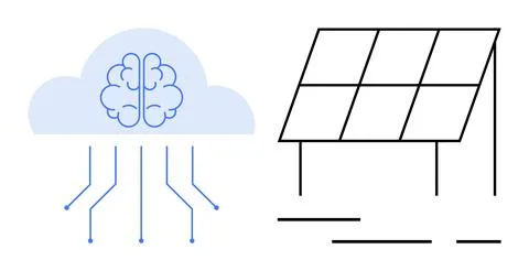 Cloud with a brain and connecting lines beside a solar panel. Ideal for renew 库存插图