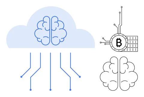 Cloud with brain diagram and connecting lines symbolizing cloud computing. Ri Stock Illustration