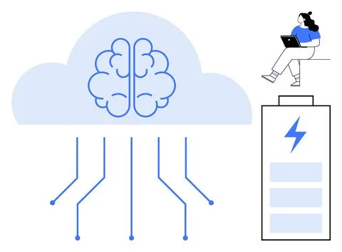 Cloud Brain with Digital Connections, Battery Icon and Person Working Remot.. Stock Illustration