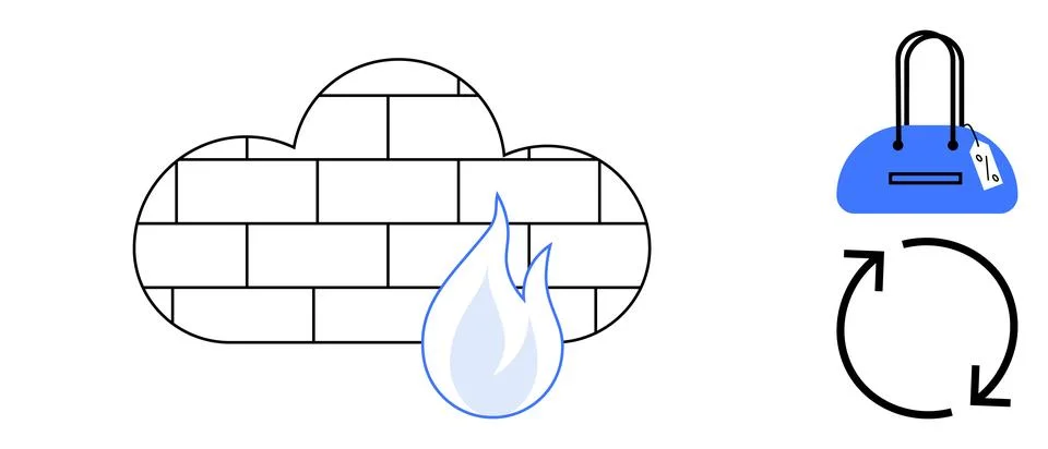 Cloud with brick pattern and blue flame, blue handbag with price tag, and cir 스톡 일러스트