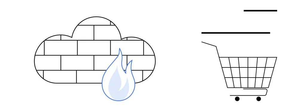 Cloud with brick pattern and flame symbolizes firewall security. To the right Illustrazione stock