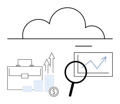 Cloud, briefcase, stack of coins, upward arrows, magnifying glass, screen wit Stock Illustration