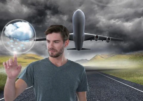 Cloud bubble and Businessman touching air in front of airplane on runway Foto stock