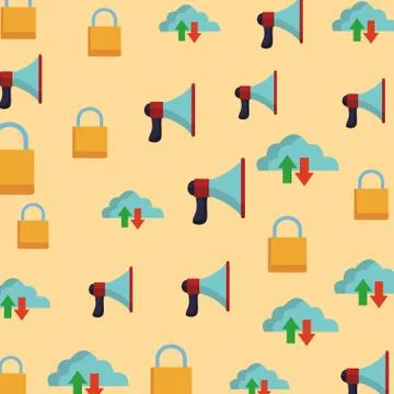 Cloud bullhorn and padlock pattern background Stock Illustration