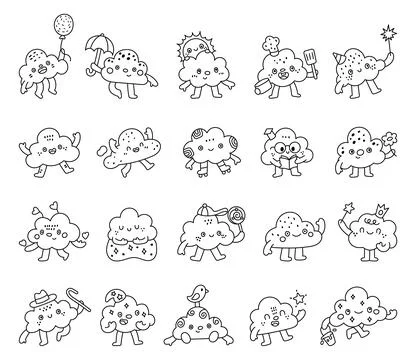 Cloud character set in outline line art Illustrazione stock