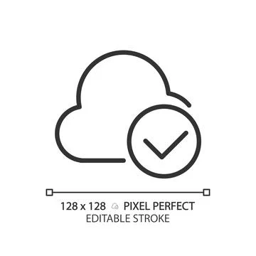 Cloud with check mark pixel perfect linear icon Stock Illustration