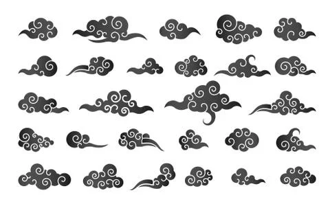 Cloud in Chinese style. Abstract black cloudy set isolated on white backgroun Stock Illustration