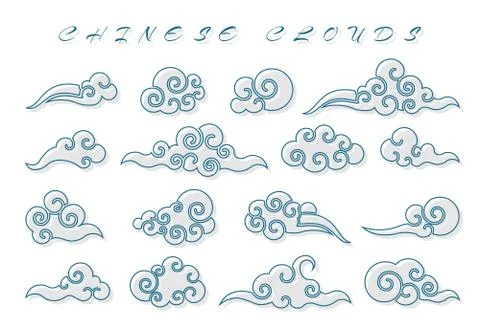 Cloud in Chinese style. Abstract blue cloudy set isolated on white background Stock Illustration