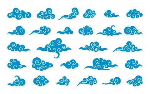 Cloud in Chinese style. Abstract blue cloudy set isolated on white background Stock Illustration