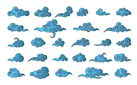 Cloud in Chinese style. Abstract blue cloudy set isolated on white background 스톡 일러스트