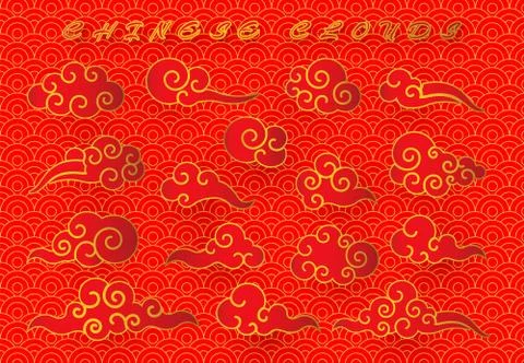 Cloud in Chinese style. Abstract red and gold cloudy set isolated on white ba Stock Illustration