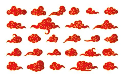 Cloud in Chinese style. Abstract red and gold cloudy set isolated on white ba Stock Illustration