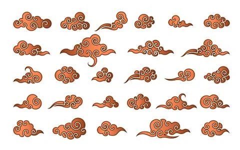 Cloud in Chinese style. Abstract red and gold cloudy set isolated on white ba Stock Illustration