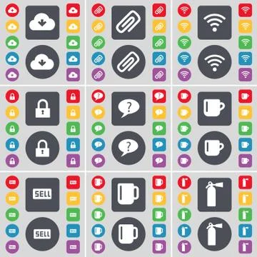 Cloud, Clip, Wi-Fi, Lock, Chat bubble, Cup, Sell, Cup, Fire extinguisher icon sy イラスト素材