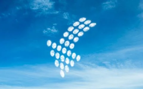 Cloud clusters forming arrow shape is pointing upward right in flat design with Ilustração Stock