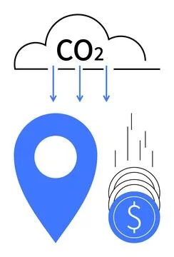 Cloud with CO2 emissions arrows pointing to a location marker and coins repre Illustrazione stock