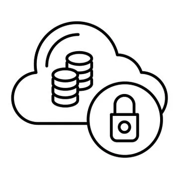 Cloud with coins and lock thin line icon. Protect finance vector illustration 스톡 일러스트