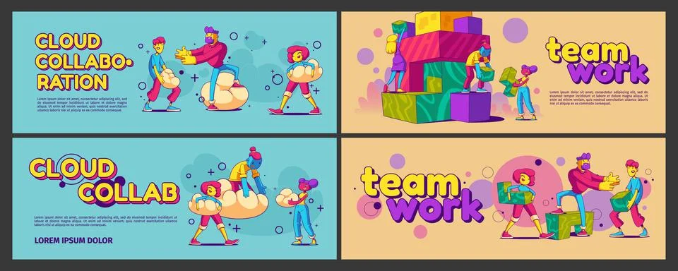Cloud collaboration and teamwork banners Stock Illustration