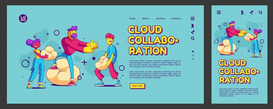 Cloud collaboration, teamwork landing page, banner Illustrazione stock