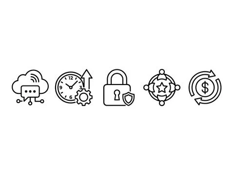 Cloud communication, time management with gear, security lock with shield, .. Stock Illustration