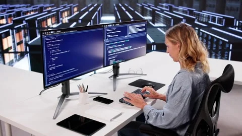 Cloud Computer Engineer Coding In Server Room In Data Center Stock Footage 317855199