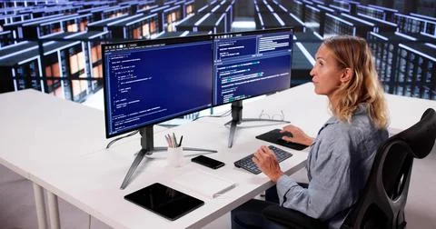 Cloud Computer Engineer Coding In Server Room In Data Center. Configuring AI  Stock Photos