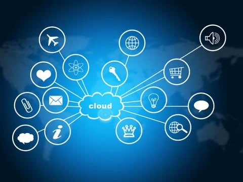 Cloud with computer icons. Technology concept Illustrazione stock