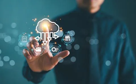 Cloud computer network technology concept. Businessman touch cloud computing  Stock Photos