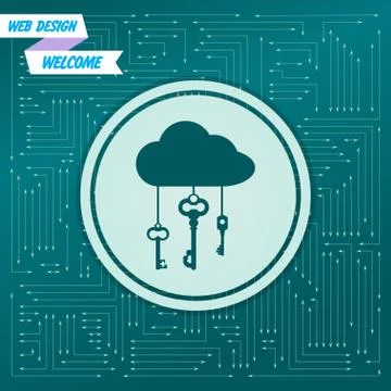 Cloud computer storage with lock icon on a green background, with arrows in d Stock Illustration