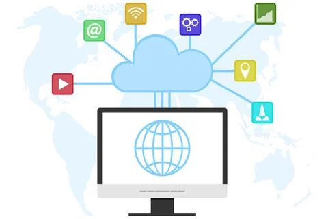 Cloud computer technology, cloud computer service. Internet technologies Illustrazione stock
