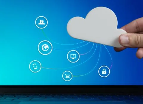 Cloud computer technology concept with focus on security, digital data storage Stockfoto's