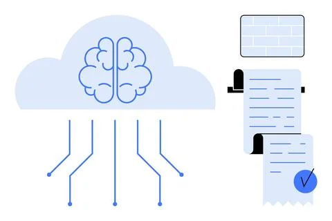 Cloud Computing with AI Brain and Digital Receipt in Minimalist Design Stock Illustration