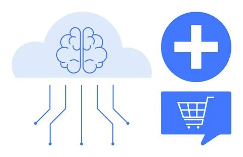Cloud Computing with AI Brain and Icons for Healthcare and E-commerce イラスト素材