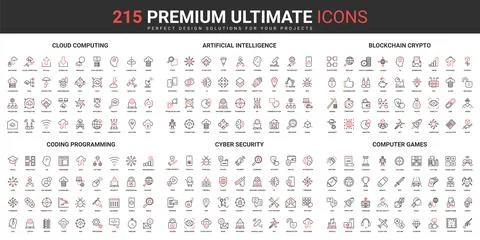 Cloud computing, AI cyber security and programming technology thin line red Stock Illustration