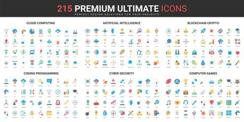 Cloud computing, AI cyber security and programming technology color flat icons Stock Illustration