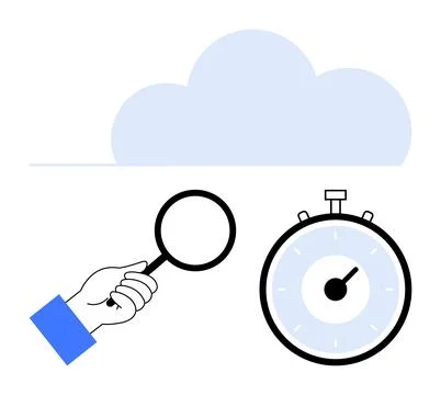 Cloud Computing Analysis Hand Holding Magnifying Glass and Stopwatch for Ef.. Illustrazione stock