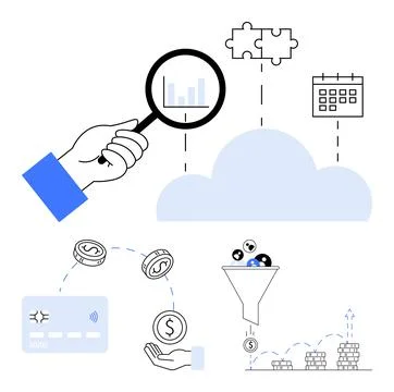 Cloud Computing Analysis Magnifying Financial Data, Funnel Process, Calenda.. イラスト素材